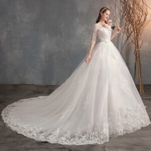 deep-v-neck-lace-high-waist-wedding-dress-long-sleeves