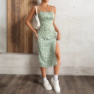 summer-fashion-printed-strap-pleated-slit-dress-womens-wear