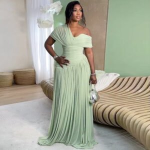 slant-neck-pleated-lace-up-waist-cinched-long-short-sleeve-dress