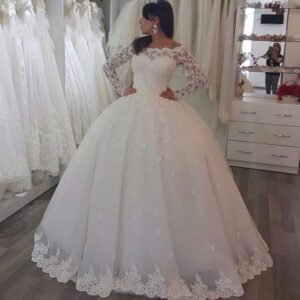 one-shoulder-long-sleeved-lace-bridal-wedding-dress